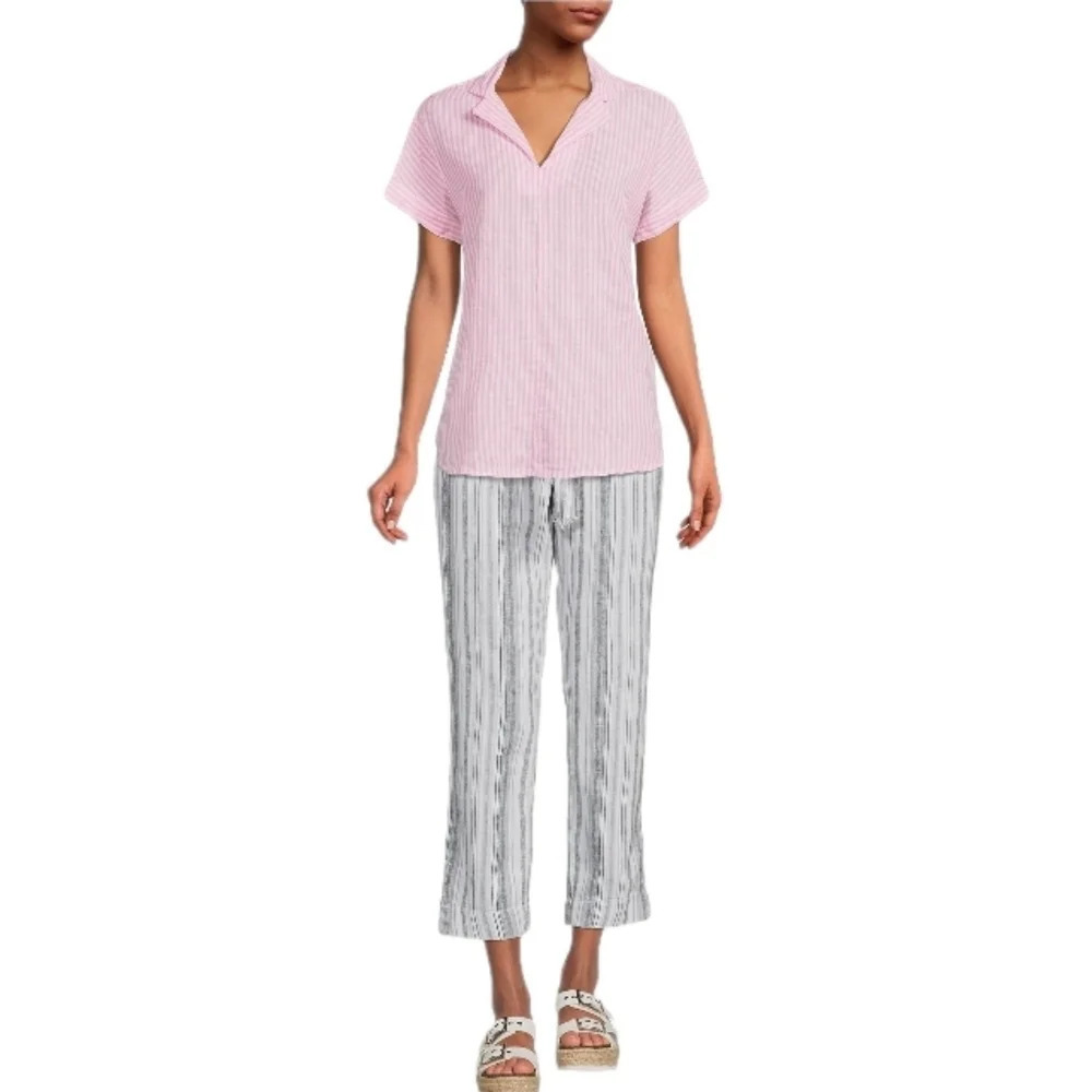 Anthropologie BeachLunchLounge Pink Striped Linen Blend Popover Size Large